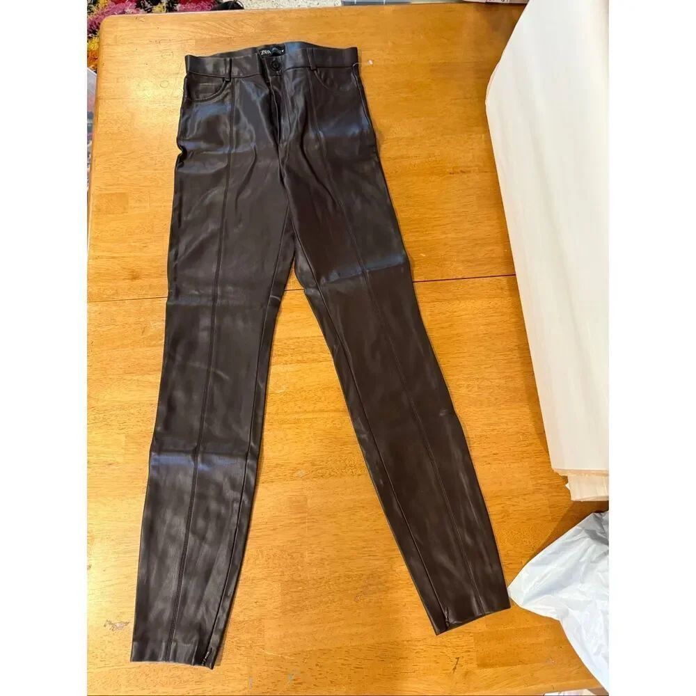 ZARA Brown  faux leather leggings high Waisted rise ankle pants SZ S